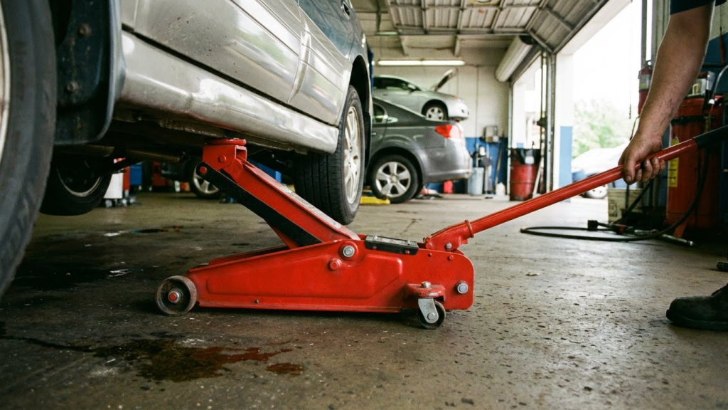 "A hydraulic floor jack offers fast, smooth lifting for routine car maintenance."